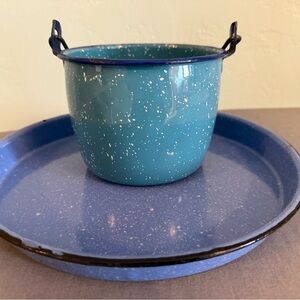Lot of Antique enamelware, berry bowl with handle and tray